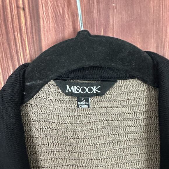 Misook Camel Beige Black Knit One Button Front Cardigan Jacket Collar Size Small - Picture 4 of 5